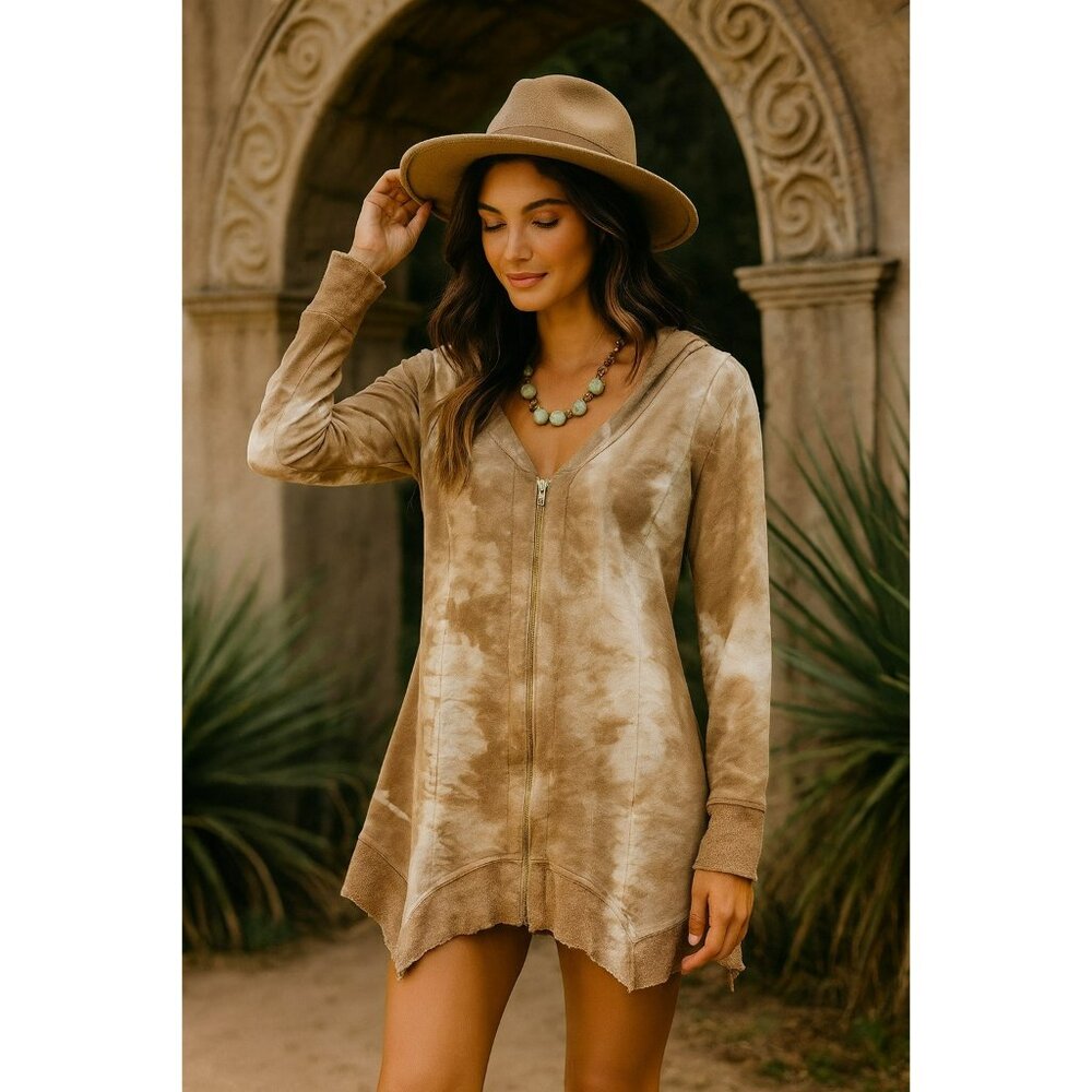 New Steel Pony Tie Dye Zip-Up Hoodie Cardigan / Dress With Pockets & Frayed Hem